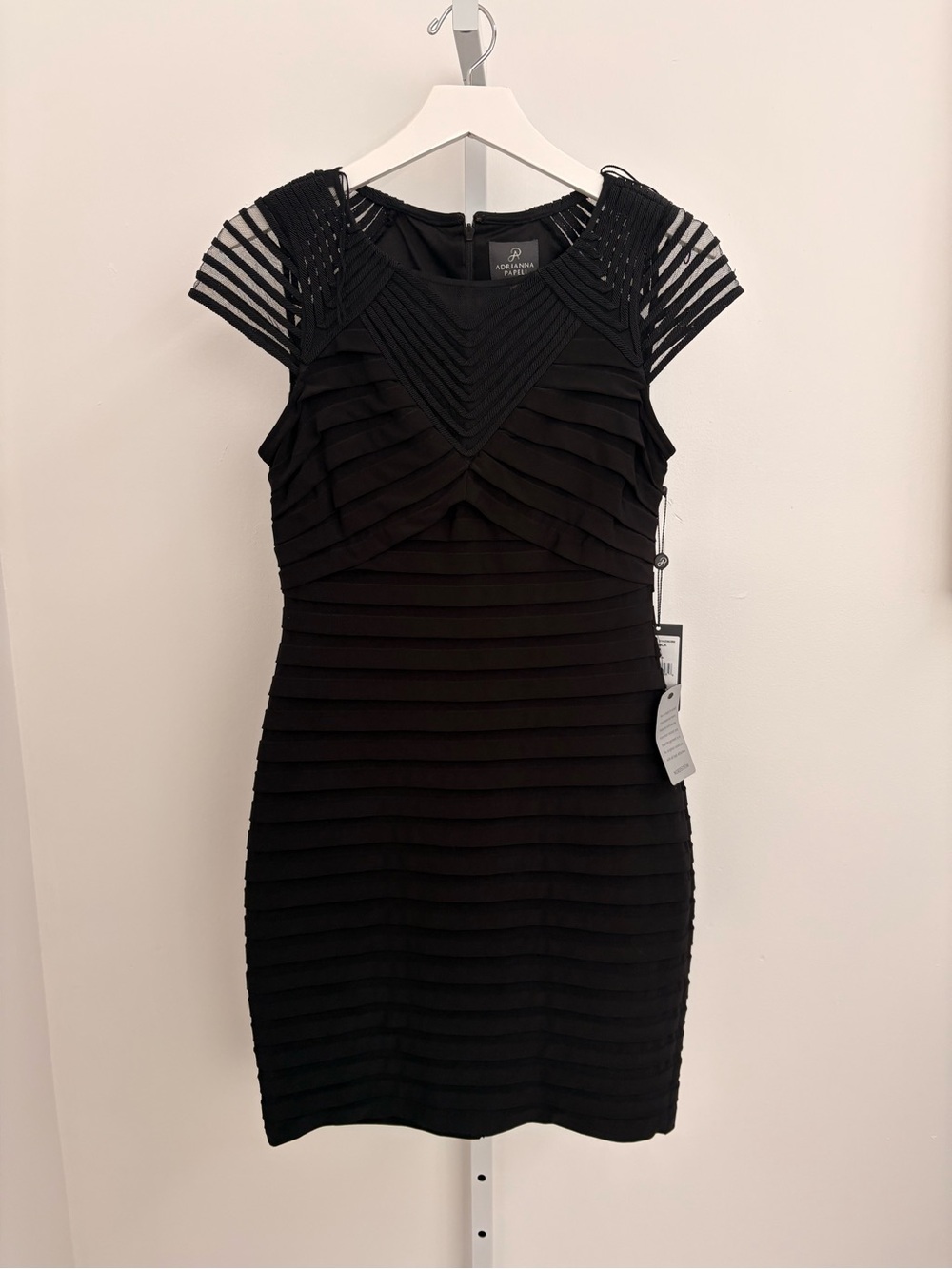 Adrianna Papell Black Mini Dress with Striped Cap Sleeves